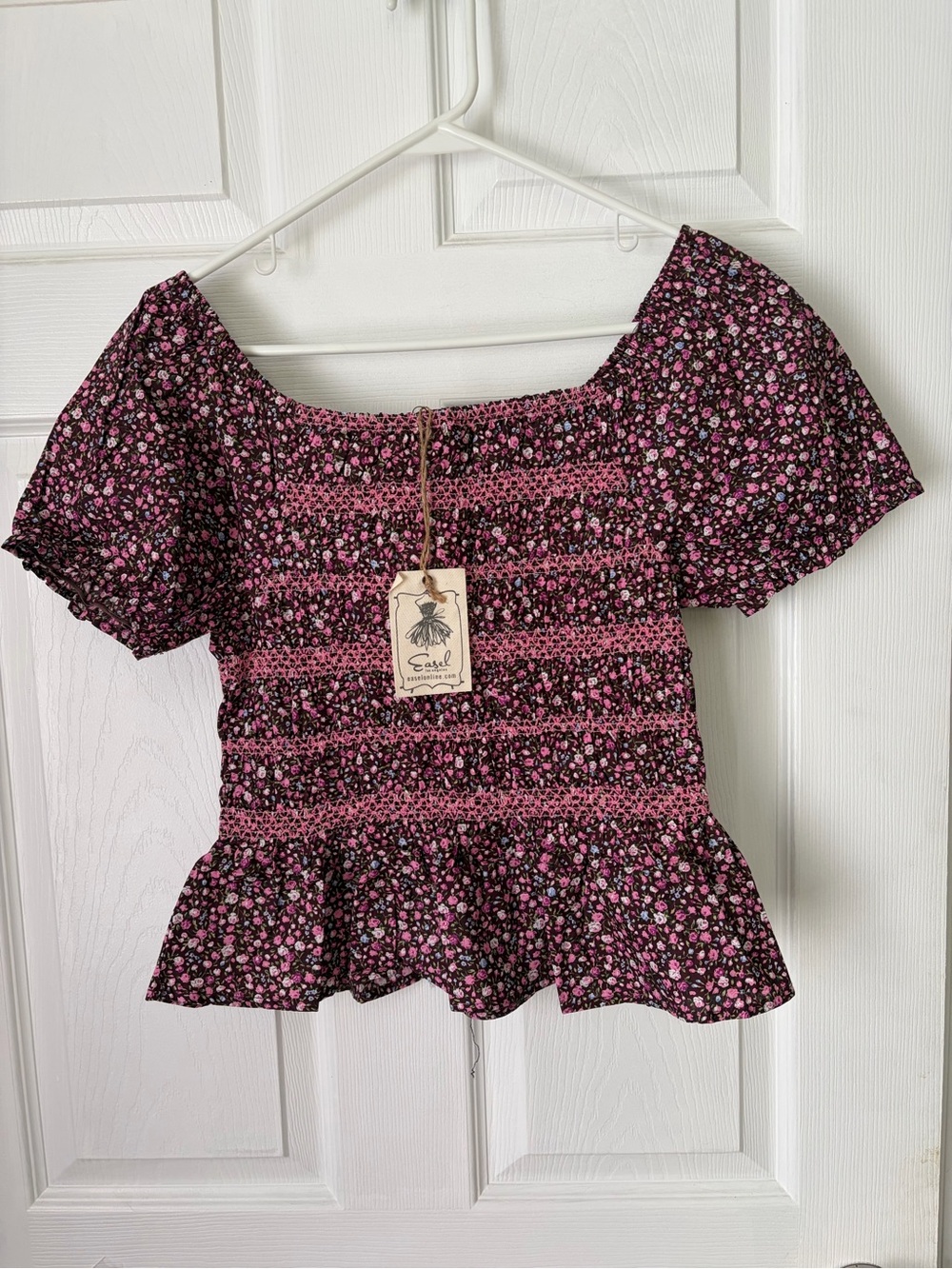 easel Black and Pink Floral Smocked Peplum Crop Top